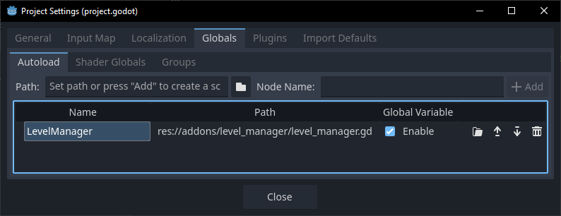 The project's global autoloads showing the new LevelManager autoload.