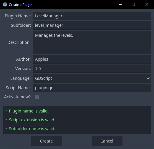 Screenshot of the Create Plugin dialog.