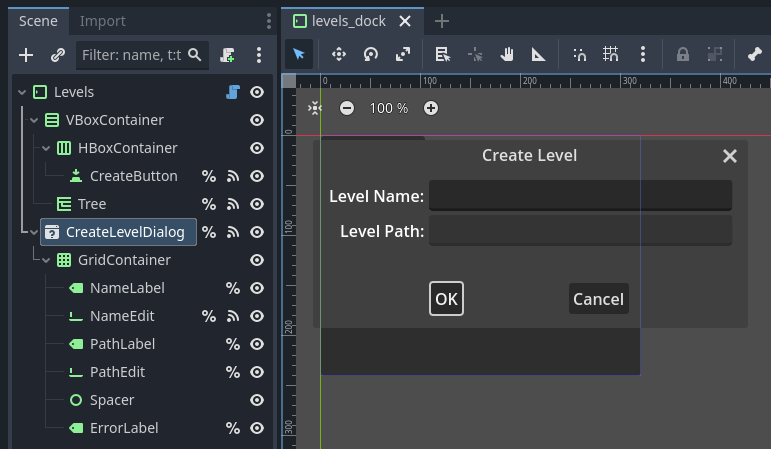 The scene editor showing the create dialog.