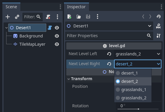 Inspector properties for a level node showing the working enum dropdowns.